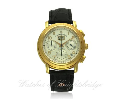 A GENTLEMAN'S 18K SOLID GOLD MAURICE LACROIX MASTERPIECE AUTOMATIC CALENDAR FLYBACK CHRONOGRAPH WRIST WATCH CIRCA 2008, REF. 