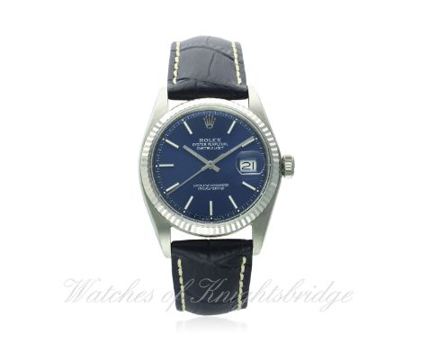 A GENTLEMAN'S STEEL & WHITE GOLD ROLEX OYSTER PERPETUAL DATEJUST WRIST WATCH CIRCA 1967, REF. 1601
D: Blue "sunburst" dial wi