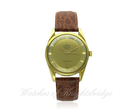 A RARE GENTLEMAN'S 18K SOLID GOLD UNIVERSAL GENEVE POLEROUTER DE LUXE AUTOMATIC WRIST WATCH CIRCA 1960s REF. 10357/1
D: Gold 