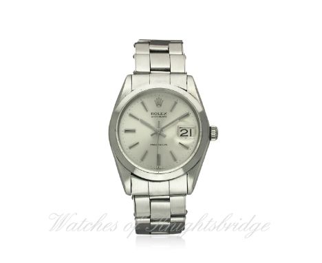 A GENTLEMAN'S STAINLESS STEEL ROLEX OYSTERDATE PRECISION BRACELET WATCH CIRCA 1967, REF. 6694
D: Silver dial with silver bato