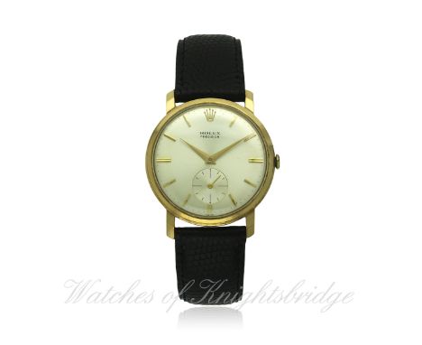A GENTLEMAN'S 9CT SOLID GOLD ROLEX PRECISION WRIST WATCH CIRCA 1970
D: Silver dial with gilt batons & dauphine hands, subsidi
