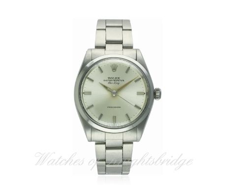 A GENTLEMAN'S STAINLESS STEEL ROLEX OYSTER PERPETUAL AIR KING PRECISION BRACELET WATCH CIRCA 1965, REF. 5500 / 1002
D: Silver