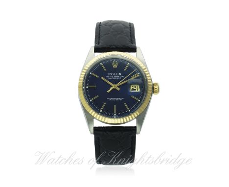 A GENTLEMAN'S STEEL & GOLD ROLEX OYSTER PERPETUAL DATEJUST WRIST WATCH CIRCA 1971, REF. 1601
D: Blue dial with gilt batons, d