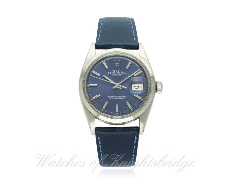 A GENTLEMAN'S STAINLESS STEEL ROLEX OYSTER PERPETUAL DATEJUST WRIST WATCH CIRCA 1964, REF. 1600 
D: Blue dial with silver bat