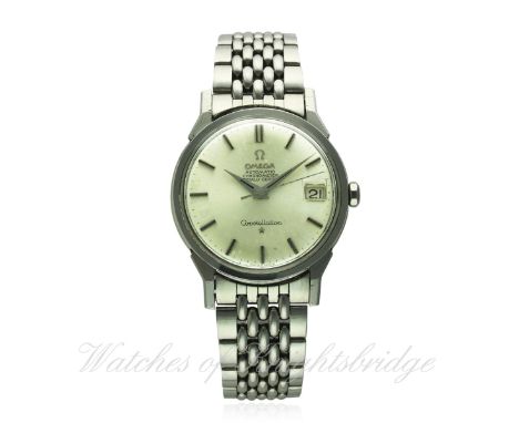 A GENTLEMAN'S STAINLESS STEEL OMEGA CONSTELLATION CHRONOMETER BRACELET WATCH CIRCA 1964, REF. 168.005
D: Silver dial with bla