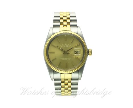 A GENTLEMAN'S STEEL & GOLD ROLEX OYSTER PERPETUAL DATEJUST BRACELET WATCH CIRCA 1984, REF. 16013
D: Champagne dial with gilt 