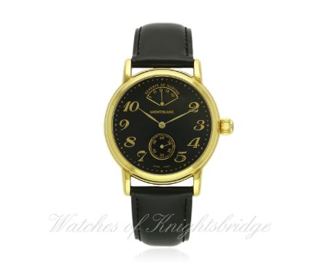 A GENTLEMAN'S GOLD PLATED MONTBLANC MEISTERSTUCK POWER RESERVE WRIST WATCH CIRCA 2000, REF. 7003 WITH ORIGINAL BOX
D: Black d