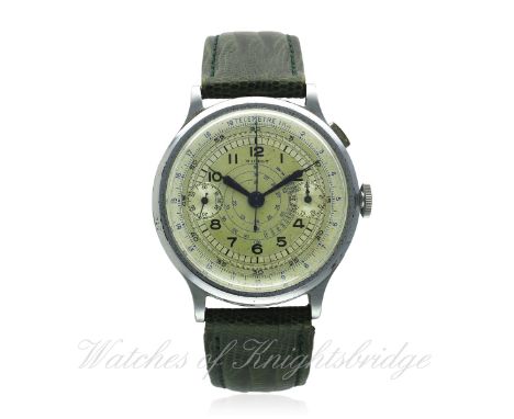 A GENTLEMAN'S LARGE SIZE NICKEL CHROME NICELY SINGLE BUTTON CHRONOGRAPH WRIST WATCH CIRCA 1930s
D: Silver dial with applied A