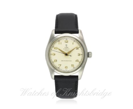 A GENTLEMAN'S STAINLESS STEEL ROLEX TUDOR OYSTER ROYAL WRIST WATCH CIRCA 1950s REF. 7804
D: Silver dial with raised gilt Arab