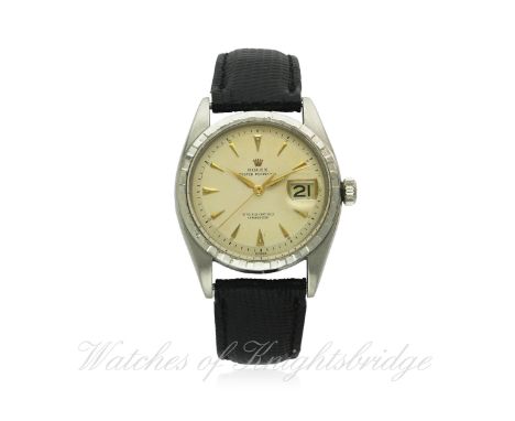 A GENTLEMAN'S STAINLESS STEEL ROLEX OYSTER PERPETUAL WRIST WATCH CIRCA 1954, REF. 6305 WITH "ROULETTE" DATE
D: Silver dial wi