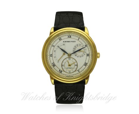 A FINE GENTLEMAN'S 18K SOLID GOLD AUDEMARS PIGUET DUAL TIME WRIST WATCH DATED 1991, REF. BA25685/002, WITH AP TRAVEL BOX, BOO