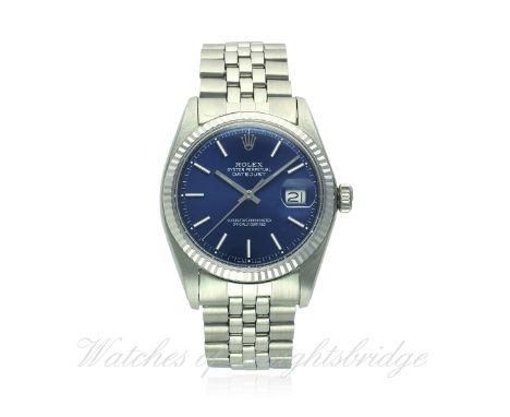 A GENTLEMAN'S STEEL & WHITE GOLD ROLEX OYSTER PERPETUAL DATEJUST BRACELET WATCH CIRCA 1968, REF. 1601
D: Blue "sunburst" dial