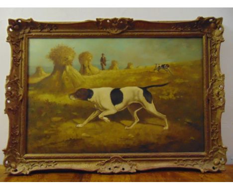 A framed oil on canvas of hunting dogs in a field, 48 x 74cm