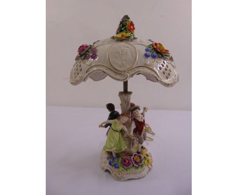 A Dresden figural group porcelain table lamp and shades