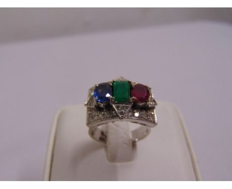 A white gold, sapphire, emerald, ruby and diamond Art Deco style ring, tested 14ct, approx total weight 9.5g