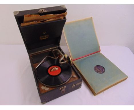 His Masters Voice wind up portable record player circa 1920s to include contemporary records