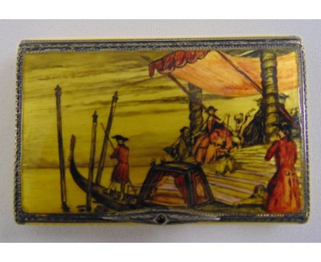 A continental silver, silver gilt and enamel snuff box, the hinged cover with a Venetian scene of gondolas by a quay side