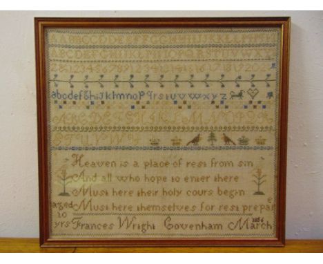 A framed and glazed sampler by Frances Wright Covenham, aged 10 years March 1856, 41 x 45cm