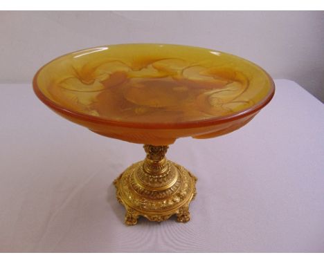 Rene Lalique Coupe Martigues (36.8cm diameter), moulded yellow amber and opalescent fish motif glass signed R lalique mounted