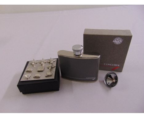 A Concorde hip flask in original fitted case and a travel game in fitted packaging