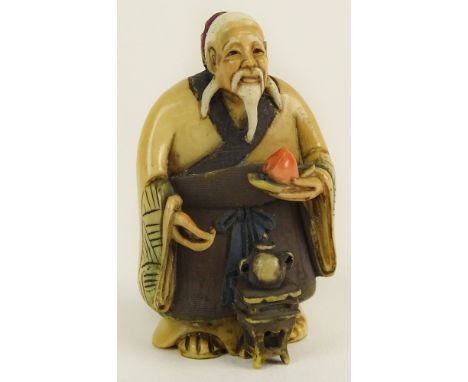 Vintage Japanese Ivory Netsuke. "Man With Apple and Tea" Signed. Good Condition. Measures 2 Inches Tall. This item will only 