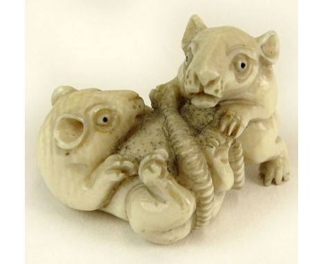 Vintage Japanese Ivory Netsuke. "Two Rats" Signed. Good Condition. Measures 1 Inch Tall. This item will only be shipped domes