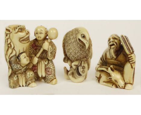 Lot of Three (3) Hand Carved and Stained Ivory Antique Japanese Netsuke. This Lot Includes Mythical Beast With Man and Child,