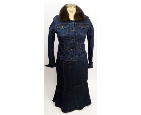 From a Palm Beach Socialite, A Retro/Vintage Ralph Lauren 2 Piece Denim Skirt and Jacket Set. Jacket with Fur Collar. Signatu