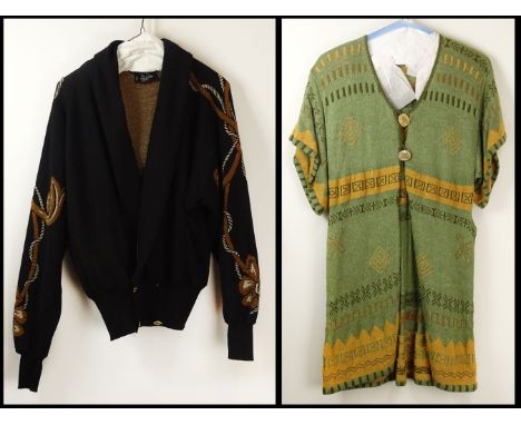 From a Palm Beach Socialite, a Lot of Two (2) Retro/Vintage Sweaters. A Decorated Black Wool Raglan Sleeve Shawl Collar Sweat