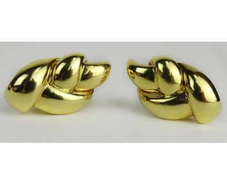 Vintage Pair of Italian 18 Karat Yellow Gold Braid Earrings. Signed. Good Condition or Better. Measure 1-5/8 Inch by 1 Inch. 