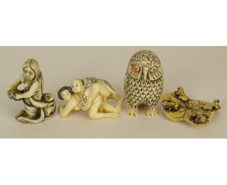 Lot of Four (4) Hand Carved Ivory Antique Japanese Netsuke. This Lot Includes An erotic coupling, a Girl With Rags, a Lotus w