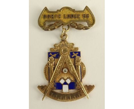 Vintage 14 Karat Yellow Gold, Diamond and Enamel Masonic Medal, Doric Lodge 86. Signed 14K. Inscribed and Dated 1928. Good Co