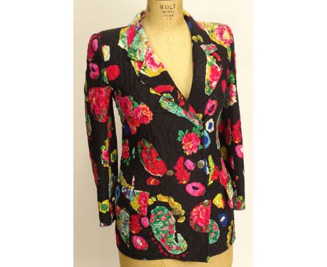 From a Palm Beach Socialite, A Emanuel Ungaro Quilted Silk Flower Print Jacket. Labeled: Emanuel Ungaro Parallele Paris. Size
