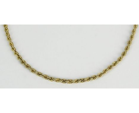 14 Karat Yellow Gold Rope Chain Necklace. Signed 14K. Good Condition. Measures 16 Inches Long. Approx. weight: 3.0 Pennyweigh