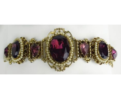 Antique Costume Bracelet with Multi-cut Amethyst Glass, Faux Seed Pearl and Gold Tone Metal. Unsigned. Good Antique Condition