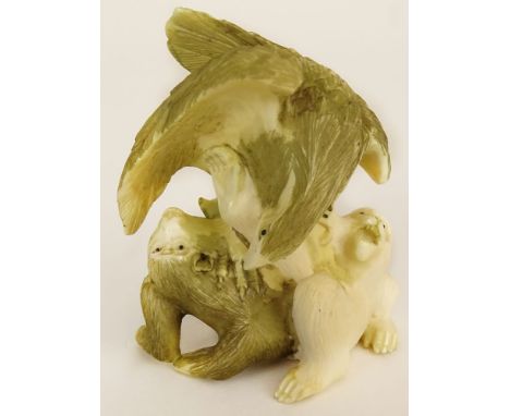 Hand Carved Ivory Antique Japanese Netsuke. Depicts a Monkeys (one white) Being Attacked by a Large Hawk. Finely Detailed. Si