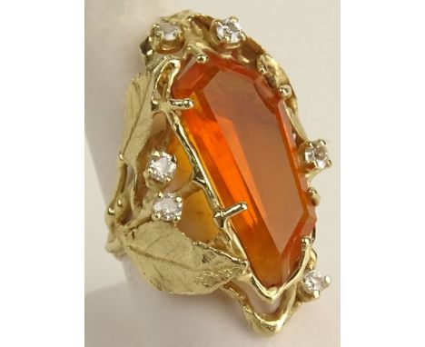 Lady's Vintage Orange Citrine and 14 Karat Yellow Gold Ring with Small Accent Diamonds. Unsigned. Good Condition. Ring Size 7