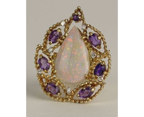 Vintage Pear Shape White Opal and 14 Karat Yellow Gold Ring/Pendant with Oval Cut Amethyst and Round Cut Diamond Accents. Uns