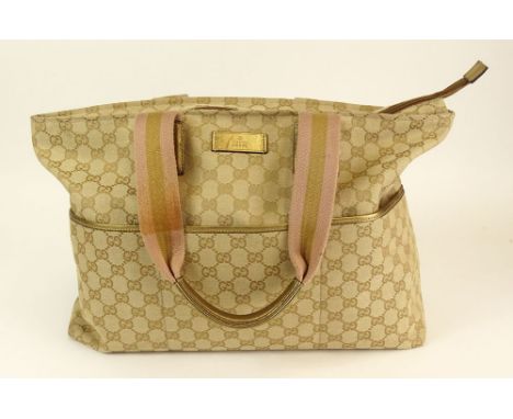 Vintage Gucci Logo Fabric and Gold Leather Diaper Tote Bag Model 155524. Made in Italy. Used Condition with Minor Soiling, We