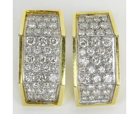 Vintage Pair of Pave Set Diamond, 18 Karat Yellow Gold and Platinum Earrings. Diamonds G-H Color, VS-SI Clarity. Measure 1 In