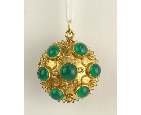 Vintage Chrysophase and 18 Karat Yellow Gold Pendant. Unsigned. Good Condition or Better. Measures 1 Inch Diameter. Approx. W