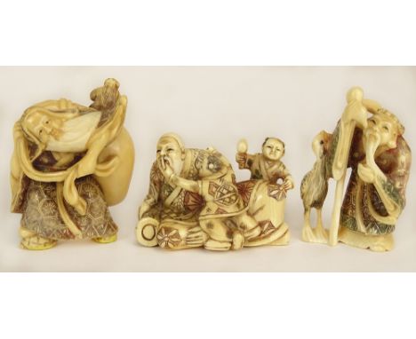 Lot of Three (3) Hand Carved Polychromed Ivory Antique Japanese Netsuke. This Lot Includes Immortal Figures. Signed. Good Con