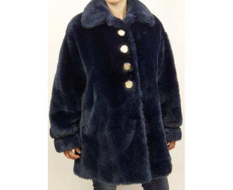 St. John by Marie Gray Dark Blue Faux Fur Coat. Gold Chain Accents. Quilted Lining. Button Front. Size P. Good condition. Lab
