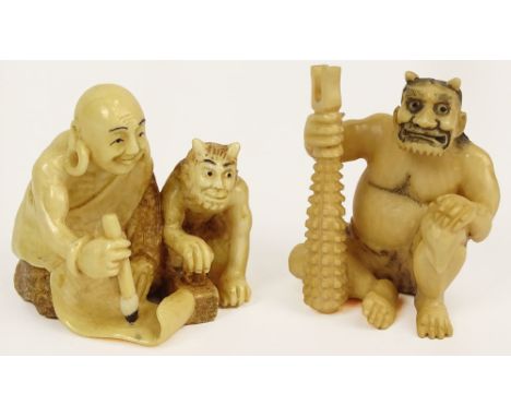 Lot of Two (2) Hand Carved Ivory Antique Japanese Netsuke. This Lot Includes a Man and Oni Figure, and an Oni with a Club. Si