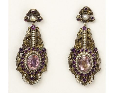 Pair of Victorian Amethyst, Seed Pearl and Silver Earrings. Unsigned. Good Antique Condition. Measure 1-3/4 Inches Long and 3