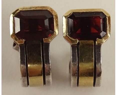 Pair of Lady's Vintage Cartier 18 Karat Yellow Gold, Sterling Silver and Garnet Earrings. Signed. Surface Wear from Normal Us