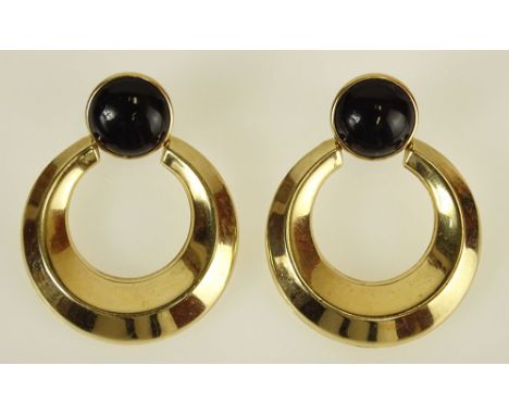 Lady's Vintage 14 Karat Yellow Gold and Onyx Earrings. Signed 14K. Good Condition. Measure 1-5/8 Inches Long and 1-1/4 Inches