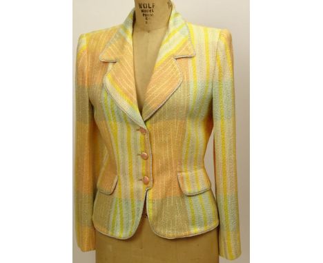 From a Palm Beach Socialite, A Retro/Vintage Emanuel Ungaro Striped Tweed Jacket. Labeled: Emanuel Ungaro Paris Parallele Mad