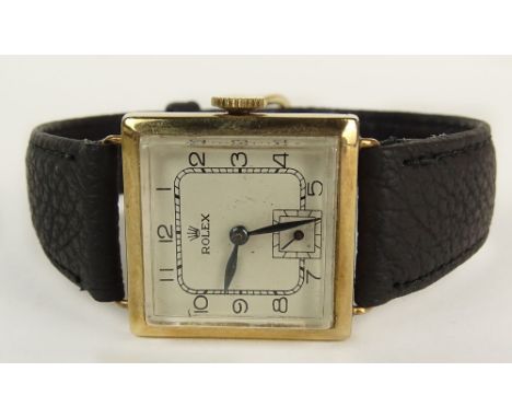 Rolex Art Deco Yellow Gold Square Manual Movement Watch with Leather Strap. Signed 375 57202 to Case Back. Surface Wear from 