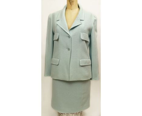 From a Palm Beach Socialite, A Retro Chanel Light Teal 2 Piece Boucle Suit. The Jacket and Skirt, Silk Lined, The Jacket with